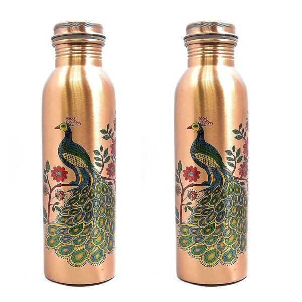 Copper Water Bottle With Printed Peacock Volume-1 Litre, Pack of 1
