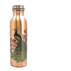 Copper Water Bottle With Printed Peacock Volume-1 Litre, Pack of 1